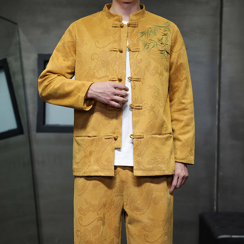 Set di 2 pezzi Buddha Stones Spring Dragon Bamboo Clouds da uomo Tang Suit Frog-Bottone in cotone Giacca a maniche lunghe Pantaloni con tasche - Image 18
