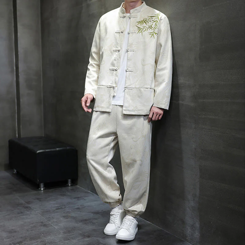 Set di 2 pezzi Buddha Stones Spring Dragon Bamboo Clouds da uomo Tang Suit Frog-Bottone in cotone Giacca a maniche lunghe Pantaloni con tasche - Image 2