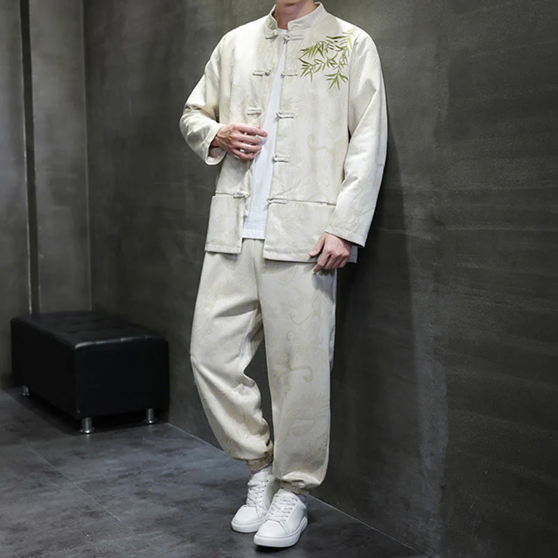 Set di 2 pezzi Buddha Stones Spring Dragon Bamboo Clouds da uomo Tang Suit Frog-Bottone in cotone Giacca a maniche lunghe Pantaloni con tasche - Image 3