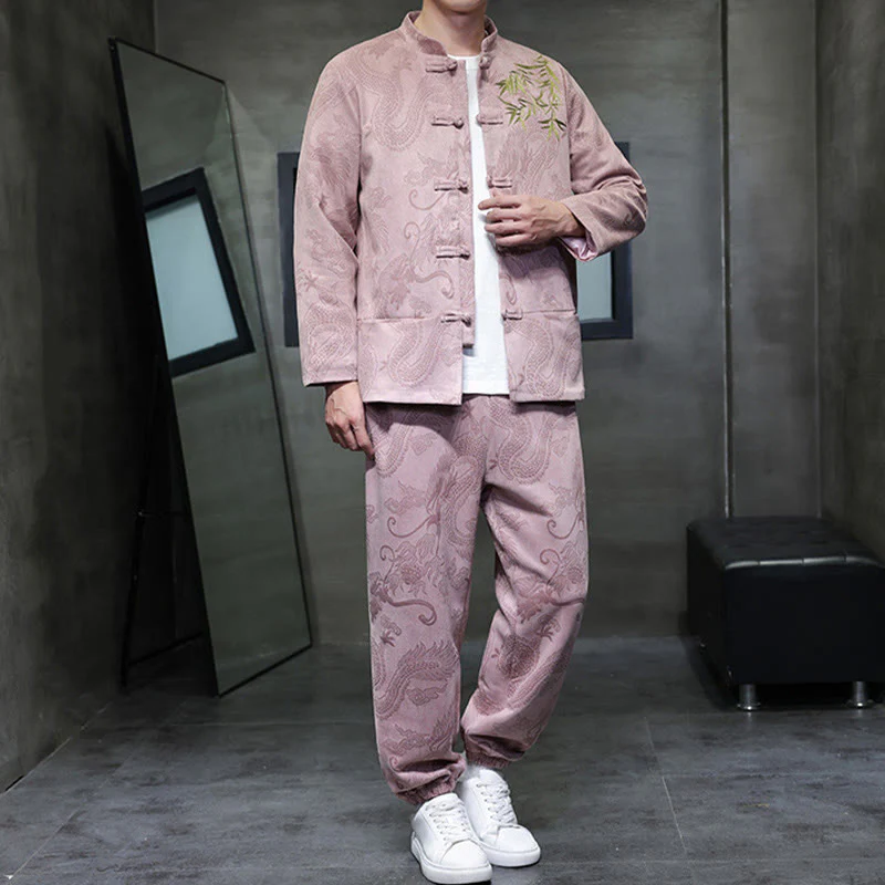 Set di 2 pezzi Buddha Stones Spring Dragon Bamboo Clouds da uomo Tang Suit Frog-Bottone in cotone Giacca a maniche lunghe Pantaloni con tasche - Image 32