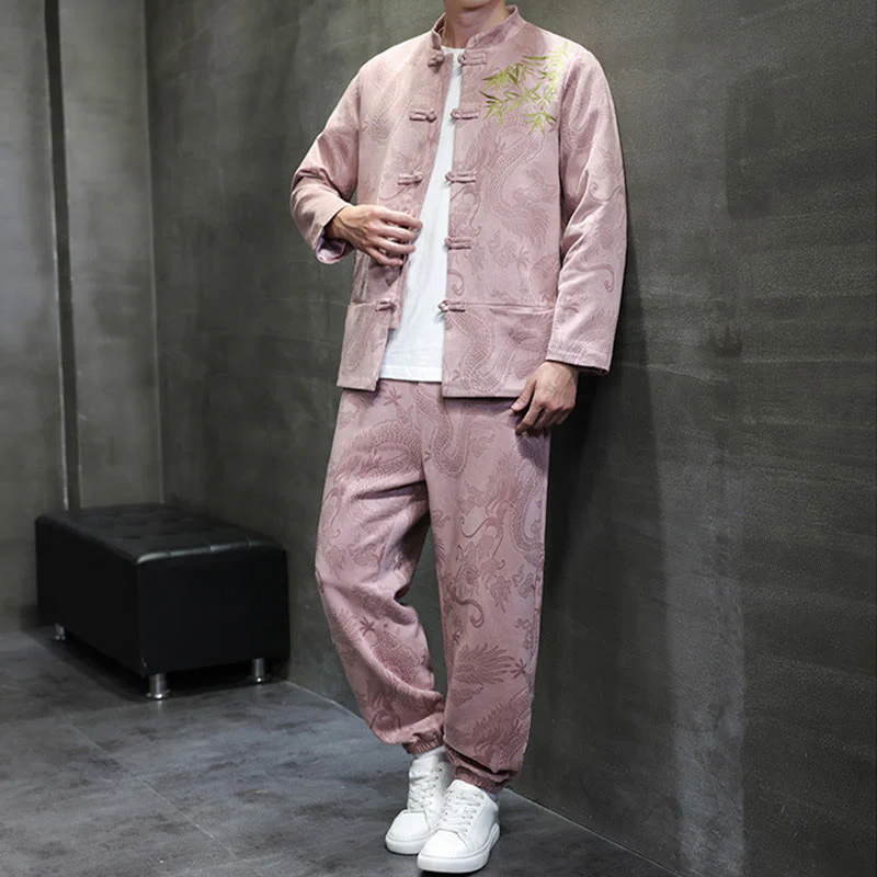 Set di 2 pezzi Buddha Stones Spring Dragon Bamboo Clouds da uomo Tang Suit Frog-Bottone in cotone Giacca a maniche lunghe Pantaloni con tasche - Image 33