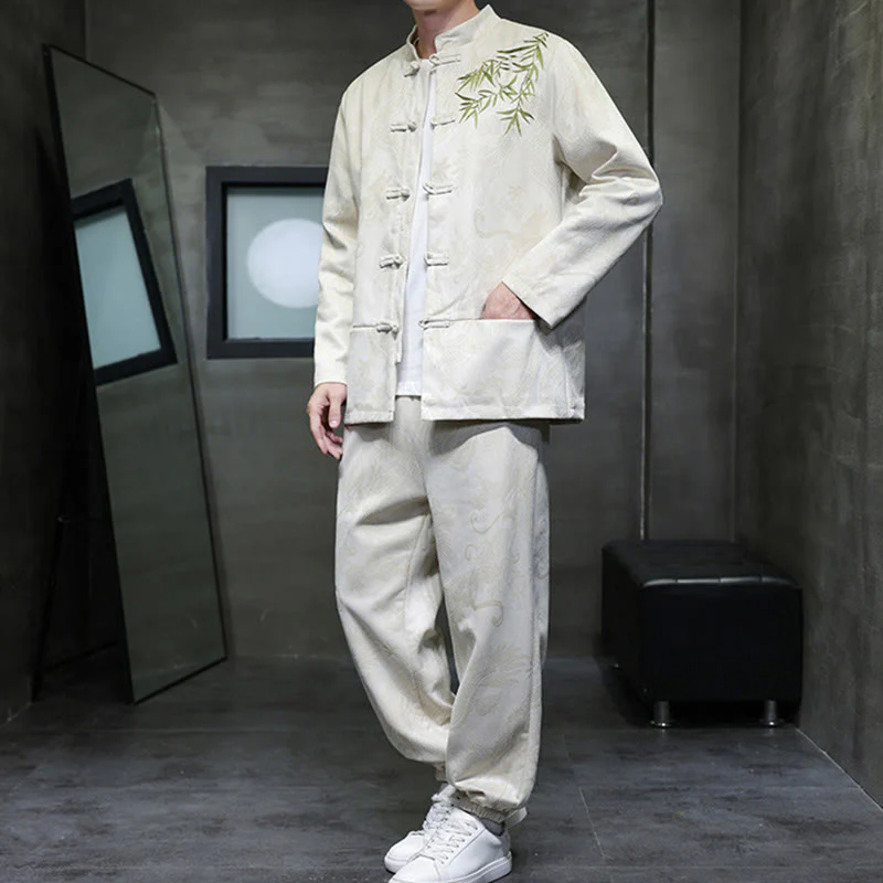 Set di 2 pezzi Buddha Stones Spring Dragon Bamboo Clouds da uomo Tang Suit Frog-Bottone in cotone Giacca a maniche lunghe Pantaloni con tasche - Image 5