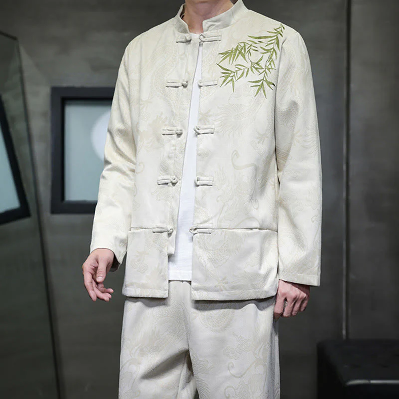 Set di 2 pezzi Buddha Stones Spring Dragon Bamboo Clouds da uomo Tang Suit Frog-Bottone in cotone Giacca a maniche lunghe Pantaloni con tasche - Image 7