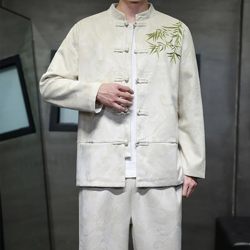Set di 2 pezzi Buddha Stones Spring Dragon Bamboo Clouds da uomo Tang Suit Frog-Bottone in cotone Giacca a maniche lunghe Pantaloni con tasche - Image 8
