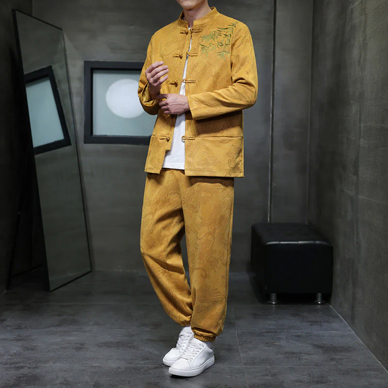 Set di 2 pezzi Buddha Stones Spring Dragon Bamboo Clouds da uomo Tang Suit Frog-Bottone in cotone Giacca a maniche lunghe Pantaloni con tasche - Image 9