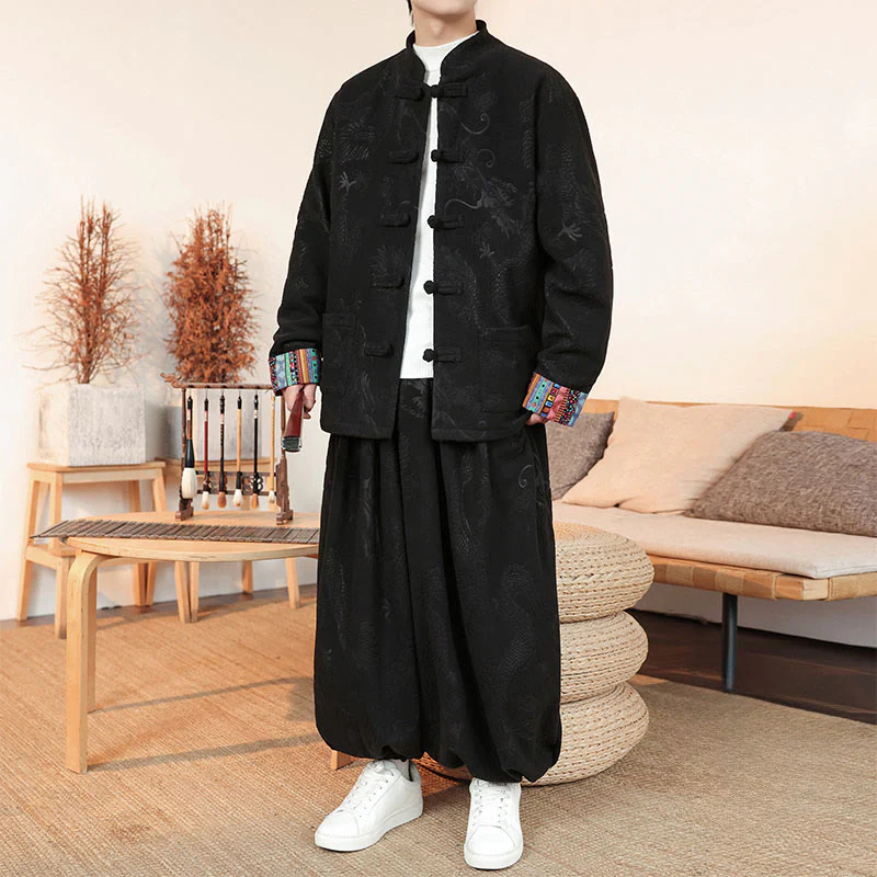 Set di 2 pezzi da uomo autunno inverno con giacca e pantaloni a maniche lunghe in cotone con bottoni e drago, stile "Buddha Stones"