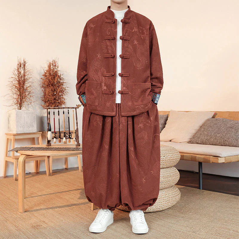 Set di 2 pezzi da uomo autunno inverno con giacca e pantaloni a maniche lunghe in cotone con bottoni e drago, stile "Buddha Stones" - Image 11