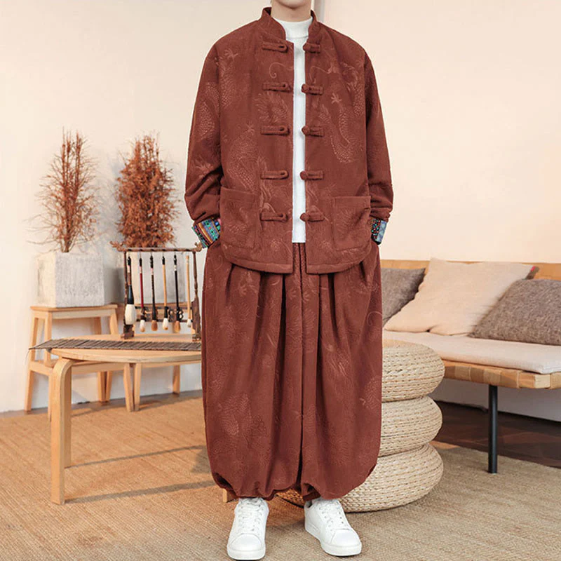 Set di 2 pezzi da uomo autunno inverno con giacca e pantaloni a maniche lunghe in cotone con bottoni e drago, stile "Buddha Stones" - Image 12
