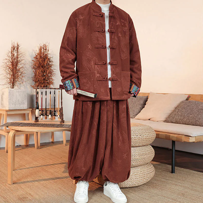 Set di 2 pezzi da uomo autunno inverno con giacca e pantaloni a maniche lunghe in cotone con bottoni e drago, stile "Buddha Stones" - Image 13