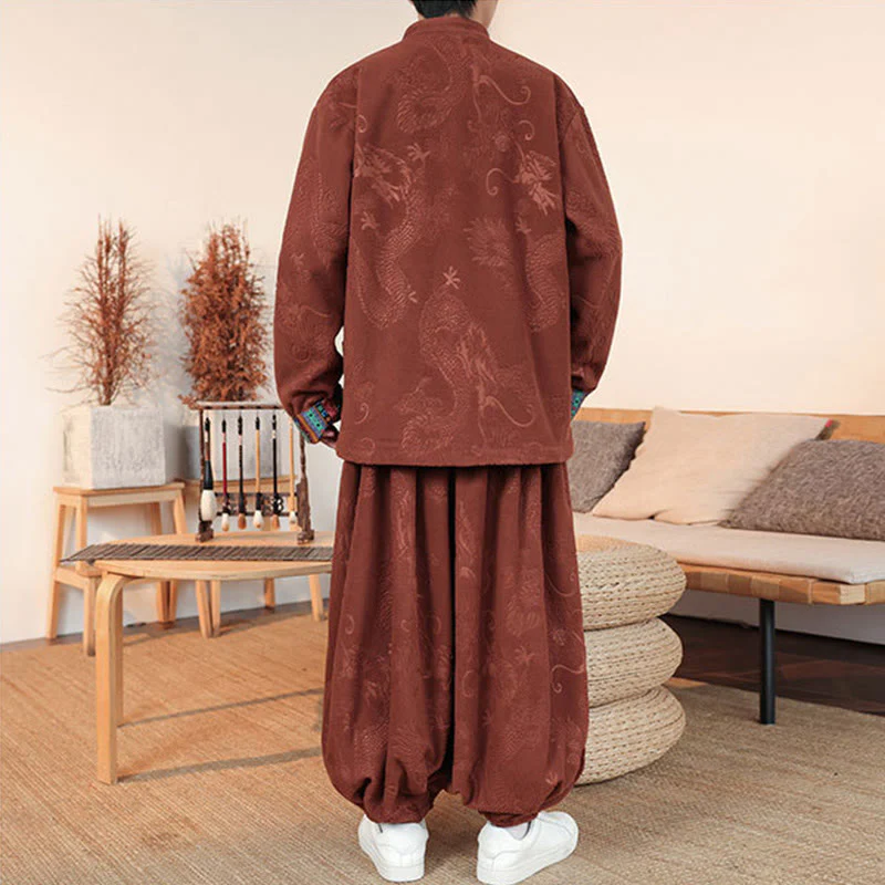 Set di 2 pezzi da uomo autunno inverno con giacca e pantaloni a maniche lunghe in cotone con bottoni e drago, stile "Buddha Stones" - Image 14