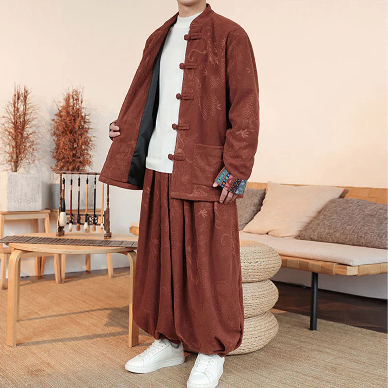 Set di 2 pezzi da uomo autunno inverno con giacca e pantaloni a maniche lunghe in cotone con bottoni e drago, stile "Buddha Stones" - Image 15