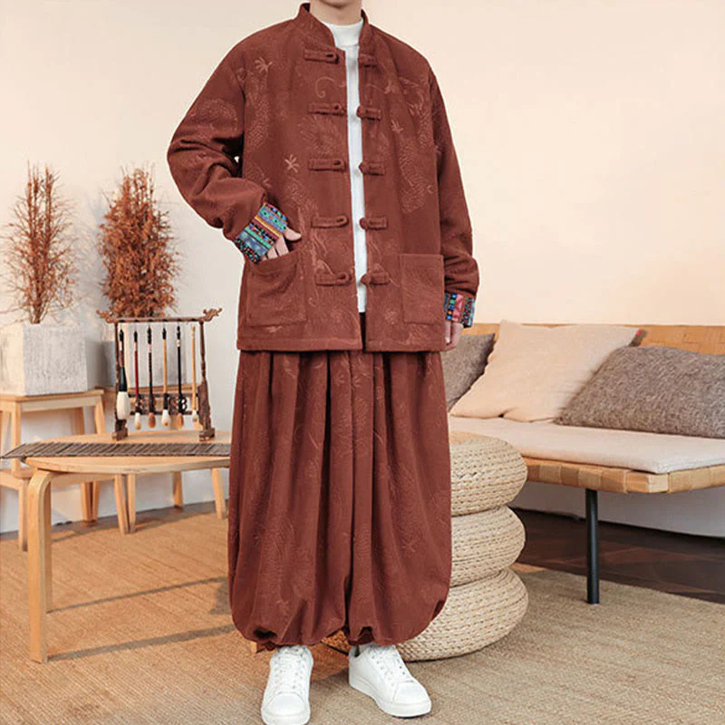 Set di 2 pezzi da uomo autunno inverno con giacca e pantaloni a maniche lunghe in cotone con bottoni e drago, stile "Buddha Stones" - Image 16