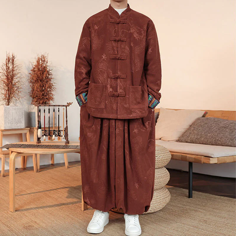 Set di 2 pezzi da uomo autunno inverno con giacca e pantaloni a maniche lunghe in cotone con bottoni e drago, stile "Buddha Stones" - Image 17