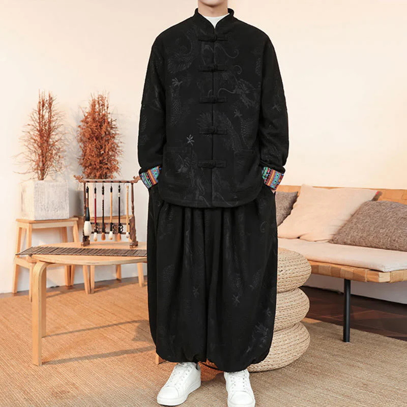 Set di 2 pezzi da uomo autunno inverno con giacca e pantaloni a maniche lunghe in cotone con bottoni e drago, stile "Buddha Stones" - Image 3