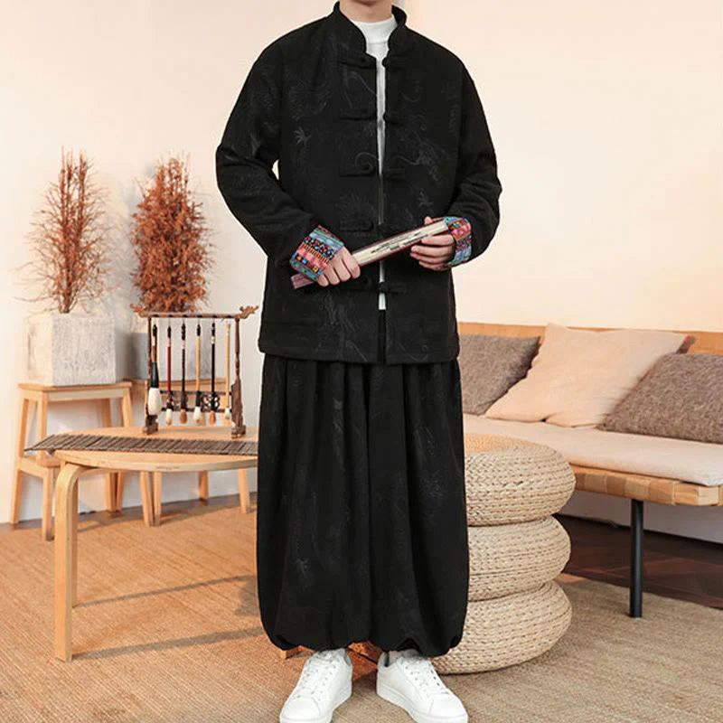 Set di 2 pezzi da uomo autunno inverno con giacca e pantaloni a maniche lunghe in cotone con bottoni e drago, stile "Buddha Stones" - Image 4