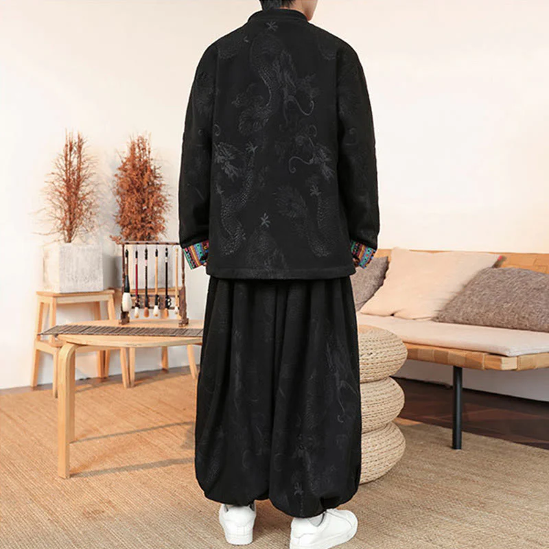Set di 2 pezzi da uomo autunno inverno con giacca e pantaloni a maniche lunghe in cotone con bottoni e drago, stile "Buddha Stones" - Image 5