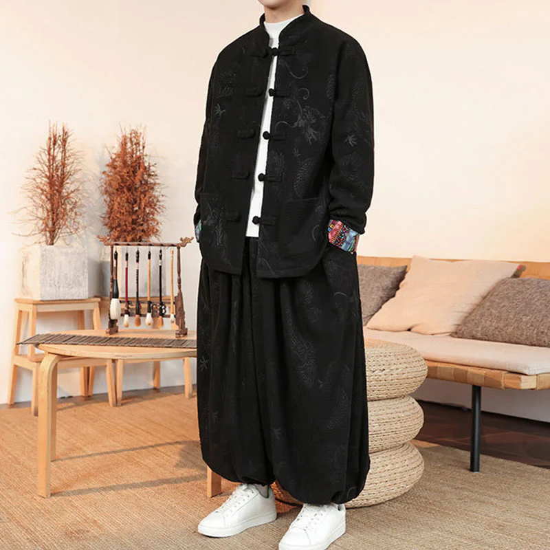 Set di 2 pezzi da uomo autunno inverno con giacca e pantaloni a maniche lunghe in cotone con bottoni e drago, stile "Buddha Stones" - Image 6