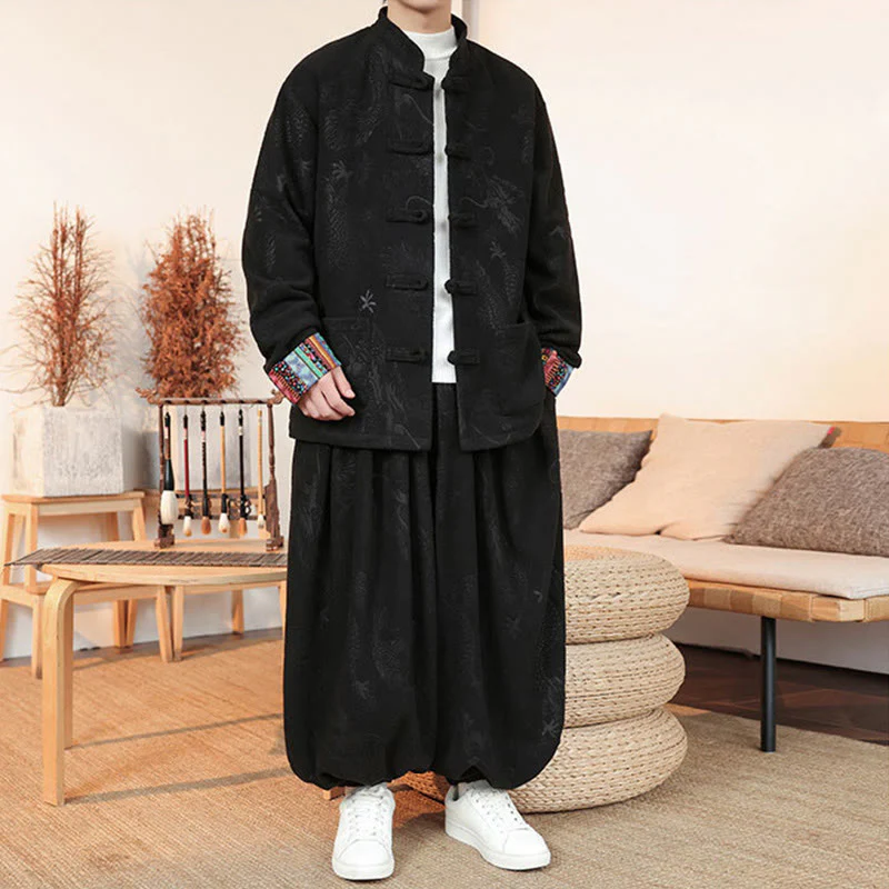 Set di 2 pezzi da uomo autunno inverno con giacca e pantaloni a maniche lunghe in cotone con bottoni e drago, stile "Buddha Stones" - Image 7