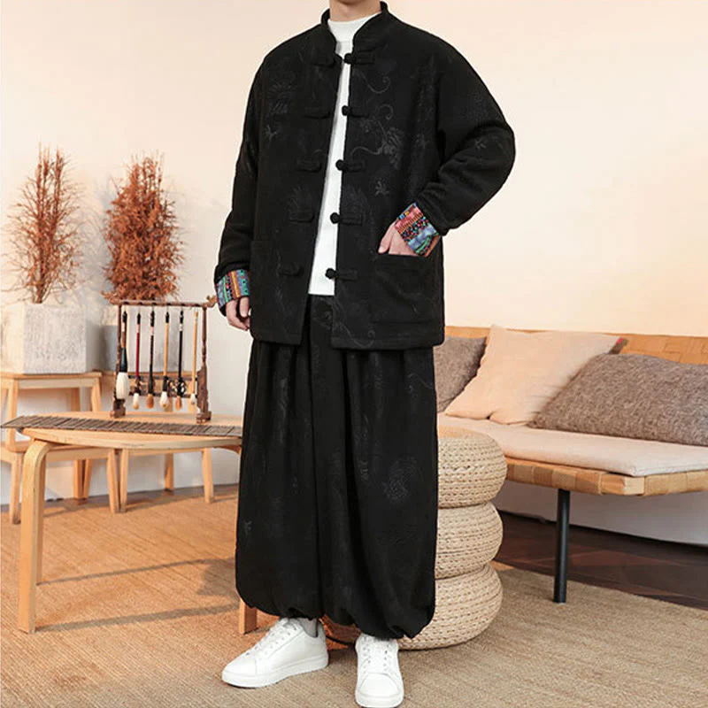 Set di 2 pezzi da uomo autunno inverno con giacca e pantaloni a maniche lunghe in cotone con bottoni e drago, stile "Buddha Stones" - Image 8