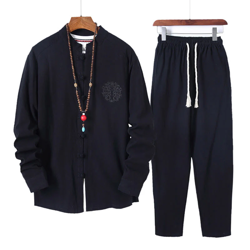Set di 2 pezzi da uomo in tinta unita con bottoni a rana, camicia a maniche lunghe in cotone e pantaloni con tasche, Buddha Stones