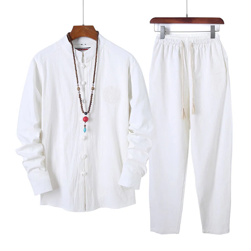 Set di 2 pezzi da uomo in tinta unita con bottoni a rana, camicia a maniche lunghe in cotone e pantaloni con tasche, Buddha Stones - Image 10