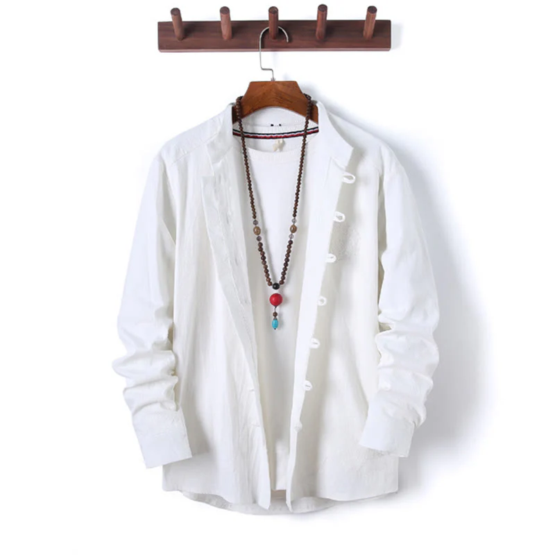 Set di 2 pezzi da uomo in tinta unita con bottoni a rana, camicia a maniche lunghe in cotone e pantaloni con tasche, Buddha Stones - Image 11