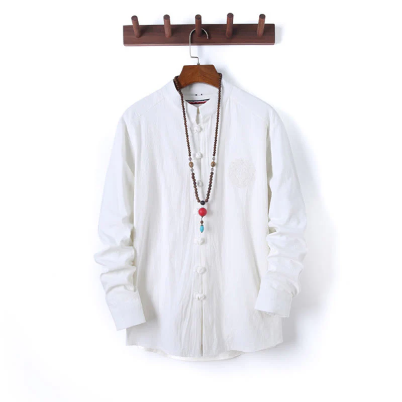 Set di 2 pezzi da uomo in tinta unita con bottoni a rana, camicia a maniche lunghe in cotone e pantaloni con tasche, Buddha Stones - Image 12
