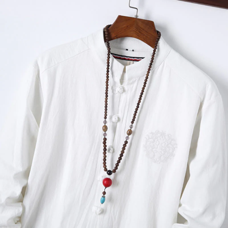 Set di 2 pezzi da uomo in tinta unita con bottoni a rana, camicia a maniche lunghe in cotone e pantaloni con tasche, Buddha Stones - Image 14
