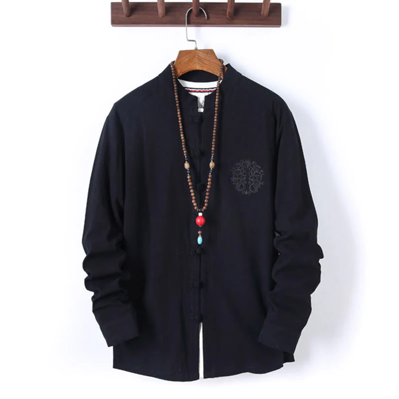 Set di 2 pezzi da uomo in tinta unita con bottoni a rana, camicia a maniche lunghe in cotone e pantaloni con tasche, Buddha Stones - Image 2