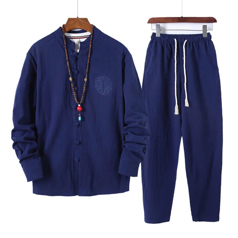 Set di 2 pezzi da uomo in tinta unita con bottoni a rana, camicia a maniche lunghe in cotone e pantaloni con tasche, Buddha Stones - Image 20