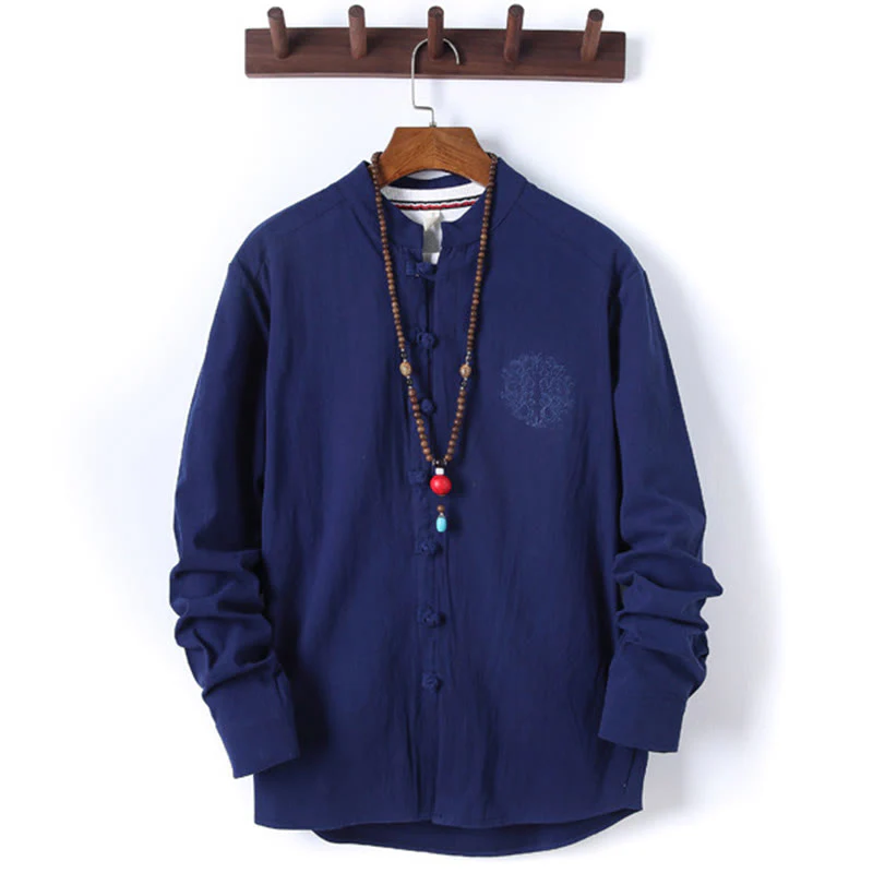 Set di 2 pezzi da uomo in tinta unita con bottoni a rana, camicia a maniche lunghe in cotone e pantaloni con tasche, Buddha Stones - Image 21