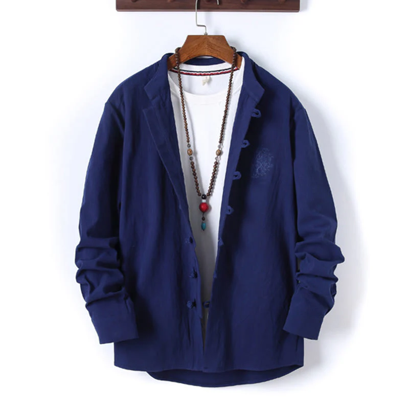 Set di 2 pezzi da uomo in tinta unita con bottoni a rana, camicia a maniche lunghe in cotone e pantaloni con tasche, Buddha Stones - Image 22