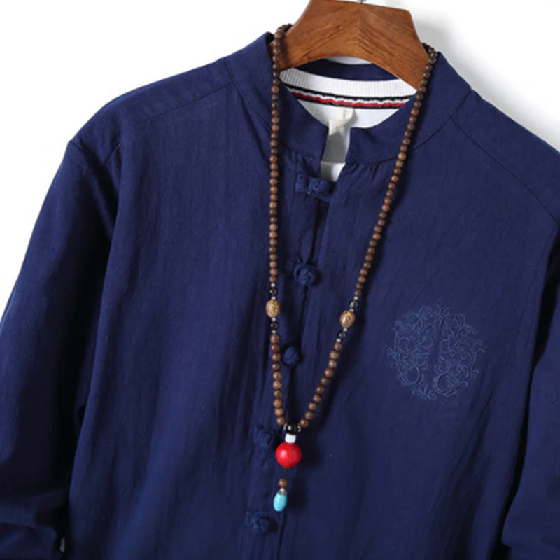 Set di 2 pezzi da uomo in tinta unita con bottoni a rana, camicia a maniche lunghe in cotone e pantaloni con tasche, Buddha Stones - Image 24