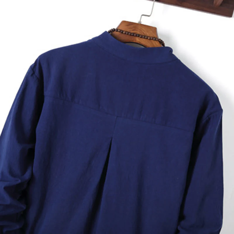 Set di 2 pezzi da uomo in tinta unita con bottoni a rana, camicia a maniche lunghe in cotone e pantaloni con tasche, Buddha Stones - Image 25