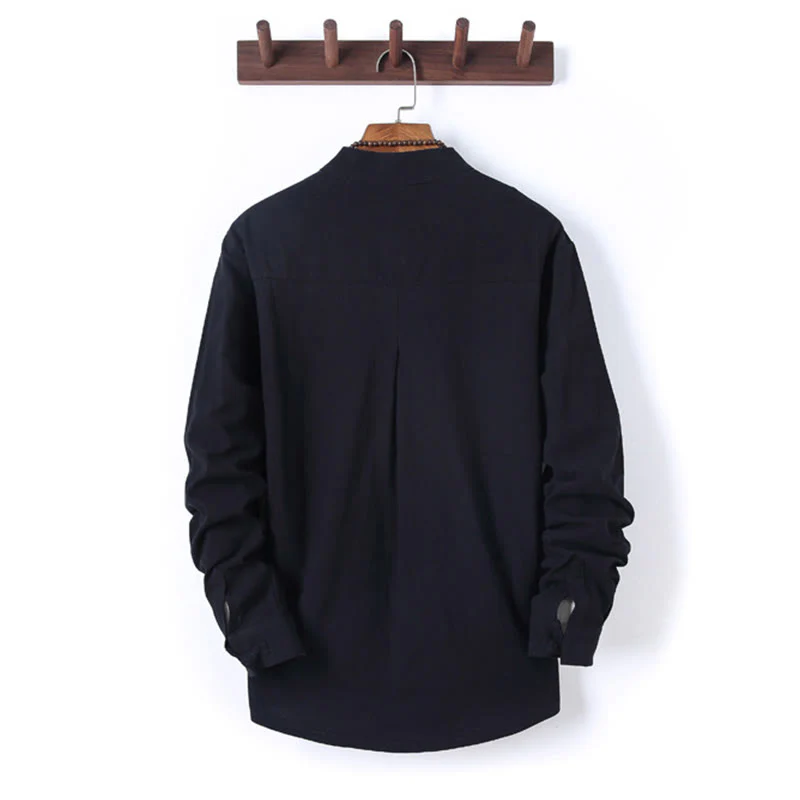 Set di 2 pezzi da uomo in tinta unita con bottoni a rana, camicia a maniche lunghe in cotone e pantaloni con tasche, Buddha Stones - Image 3