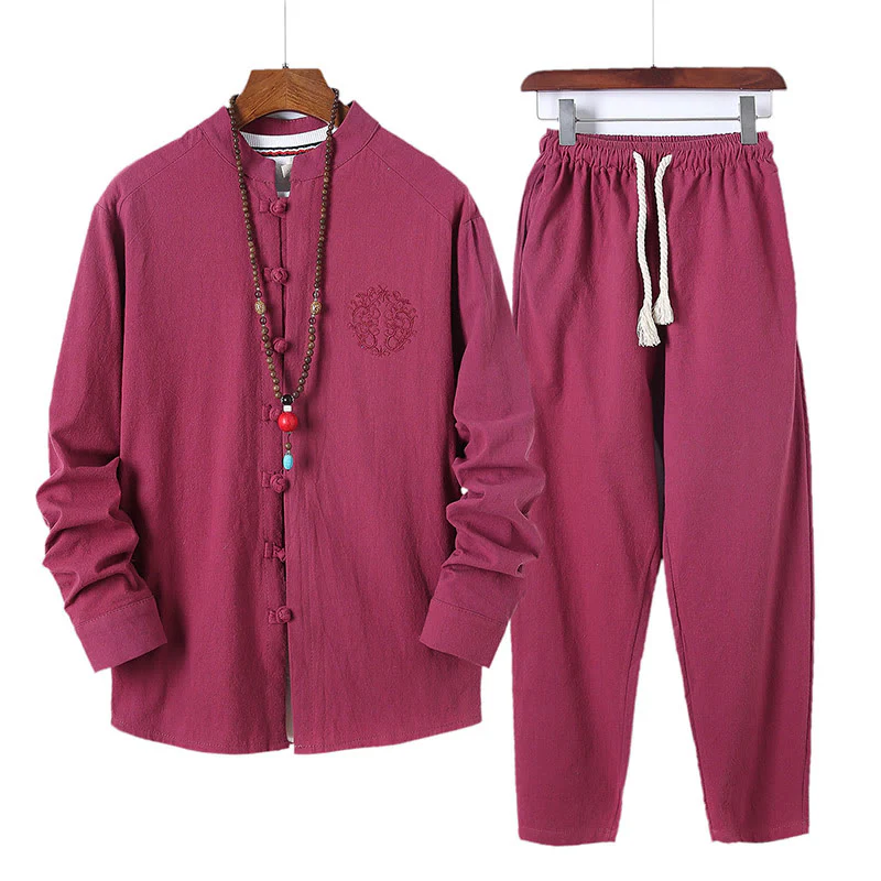 Set di 2 pezzi da uomo in tinta unita con bottoni a rana, camicia a maniche lunghe in cotone e pantaloni con tasche, Buddha Stones - Image 30
