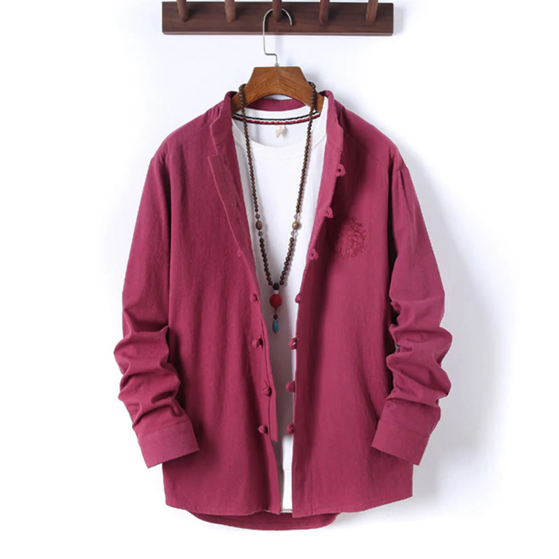 Set di 2 pezzi da uomo in tinta unita con bottoni a rana, camicia a maniche lunghe in cotone e pantaloni con tasche, Buddha Stones - Image 31