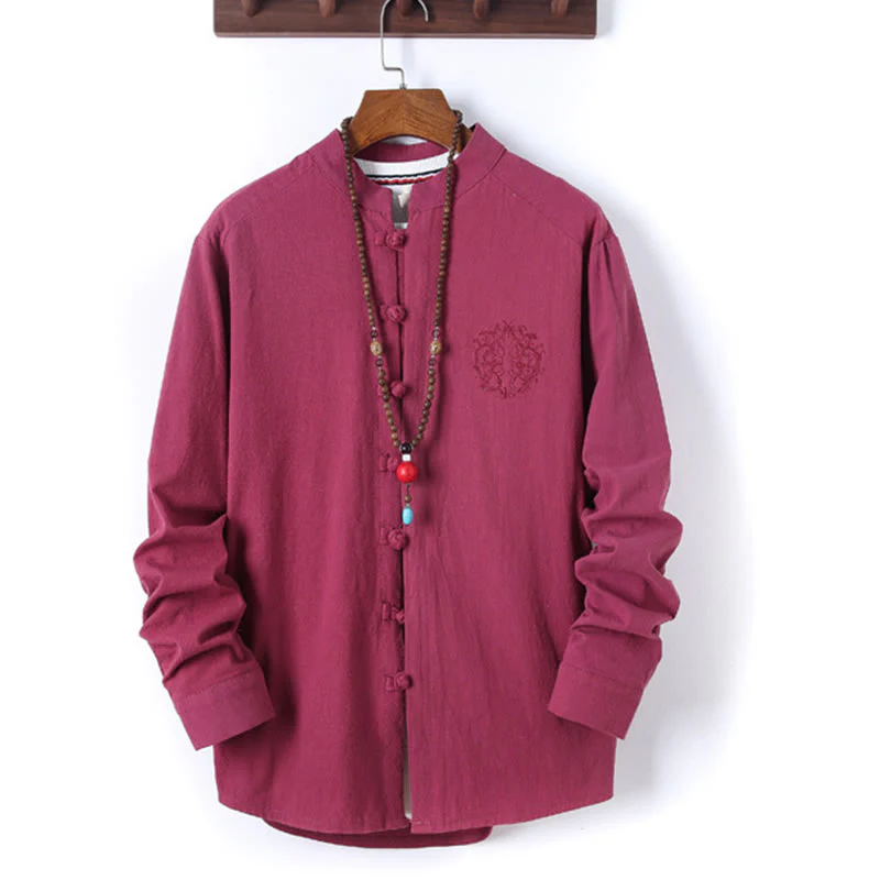 Set di 2 pezzi da uomo in tinta unita con bottoni a rana, camicia a maniche lunghe in cotone e pantaloni con tasche, Buddha Stones - Image 32