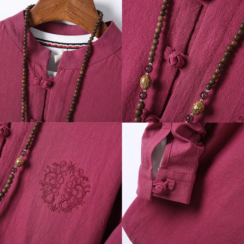 Set di 2 pezzi da uomo in tinta unita con bottoni a rana, camicia a maniche lunghe in cotone e pantaloni con tasche, Buddha Stones - Image 34