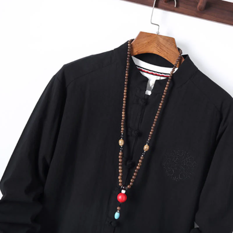 Set di 2 pezzi da uomo in tinta unita con bottoni a rana, camicia a maniche lunghe in cotone e pantaloni con tasche, Buddha Stones - Image 4
