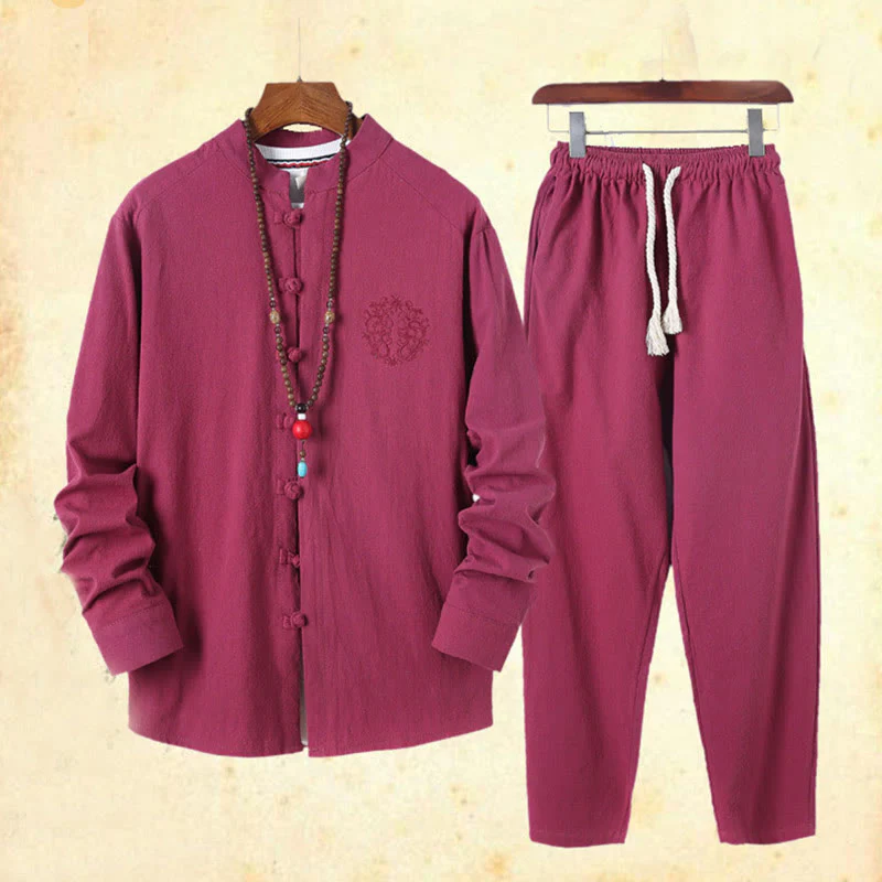 Set di 2 pezzi da uomo in tinta unita con bottoni a rana, camicia a maniche lunghe in cotone e pantaloni con tasche, Buddha Stones - Image 44