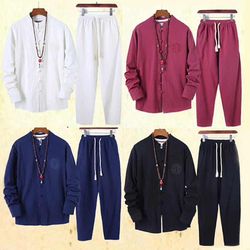Set di 2 pezzi da uomo in tinta unita con bottoni a rana, camicia a maniche lunghe in cotone e pantaloni con tasche, Buddha Stones - Image 45