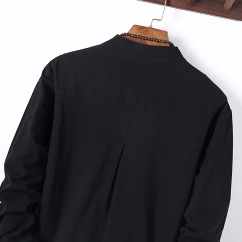 Set di 2 pezzi da uomo in tinta unita con bottoni a rana, camicia a maniche lunghe in cotone e pantaloni con tasche, Buddha Stones - Image 5