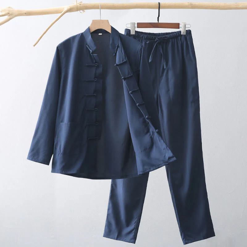 Set di 2 pezzi di abiti tradizionali da uomo con bottoni a rana, camicia a maniche lunghe e pantaloni, in Buddha Stones