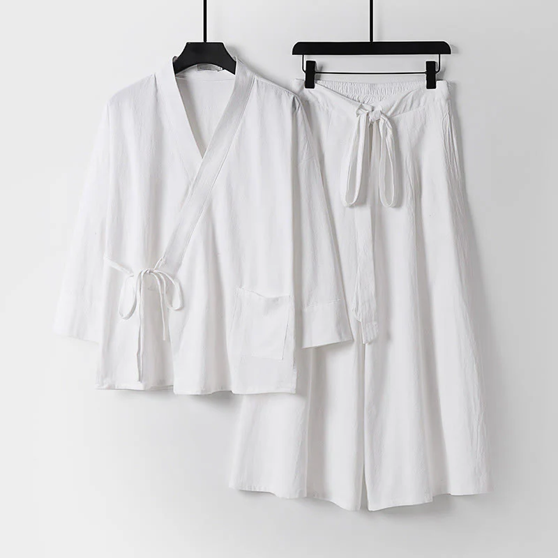 Set di 2 pezzi di kimono in cotone con lacci, pantaloni larghi alla caviglia e tasche, da meditazione per uomo, Buddha Stones - Image 18