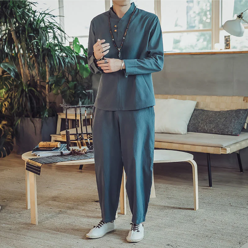 Set di 2 pezzi di stoffa per meditazione da uomo, con camicia in cotone e pantaloni alla caviglia con tasche, motivo Buddha Stones - Image 21