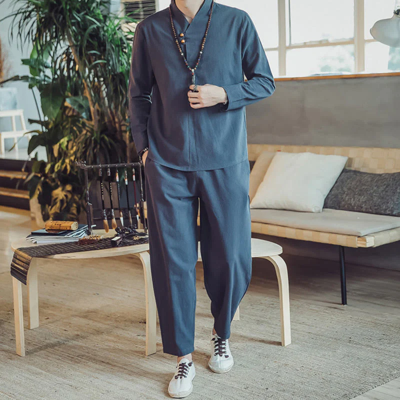 Set di 2 pezzi di stoffa per meditazione da uomo, con camicia in cotone e pantaloni alla caviglia con tasche, motivo Buddha Stones - Image 36