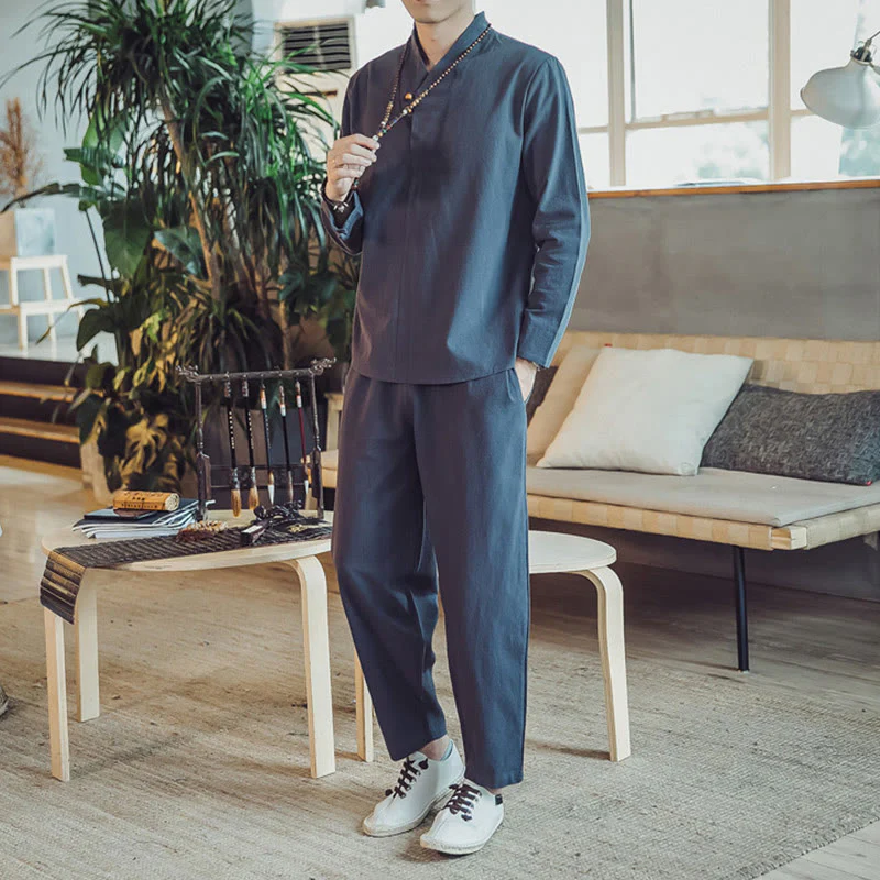 Set di 2 pezzi di stoffa per meditazione da uomo, con camicia in cotone e pantaloni alla caviglia con tasche, motivo Buddha Stones - Image 37