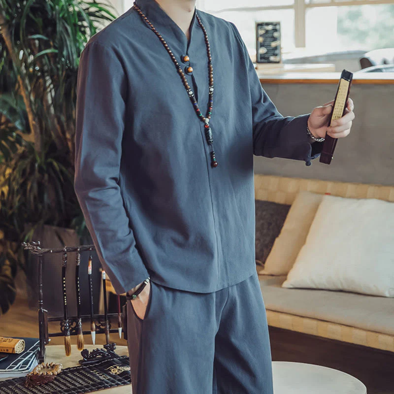 Set di 2 pezzi di stoffa per meditazione da uomo, con camicia in cotone e pantaloni alla caviglia con tasche, motivo Buddha Stones - Image 41