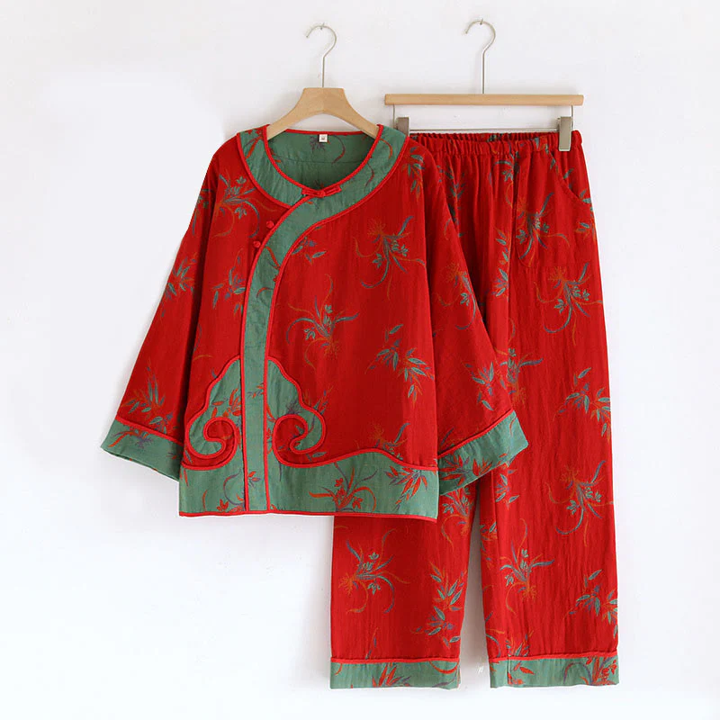 Set di 2 pezzi in patchwork Buddha Stones , camicia con bottoni a rana, pantaloni e tasche in puro cotone